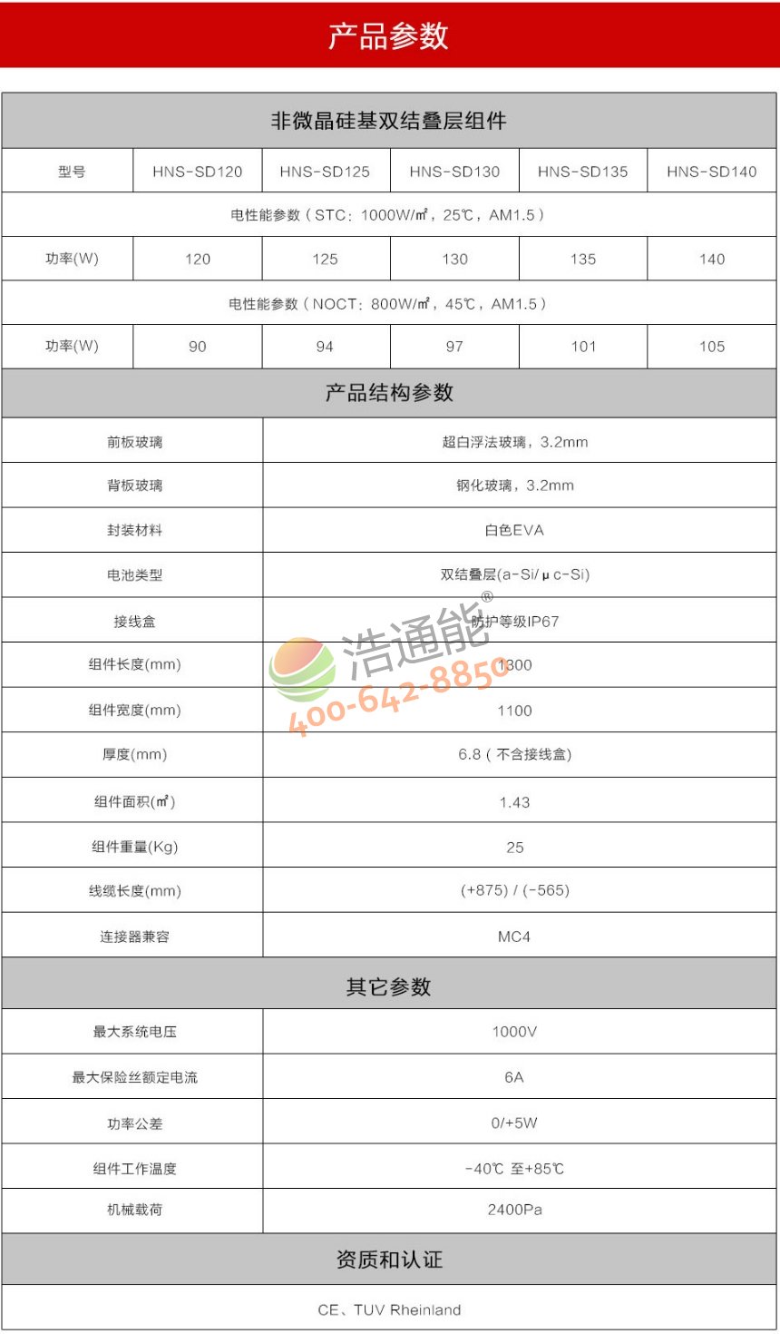 漢能“歐瑞康”薄膜太陽能組件HNS-SD120/125/130/135/140詳細參數